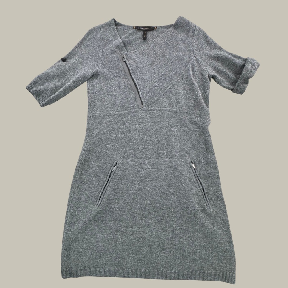 BCBGMAXAZRIA Gray 100% Lambswool Asymmetrical Zip Sweater Dress XS KKG1H130